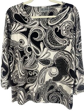 JM Collection Petite Paisley 3/4 Sleeve Top Black White P/XL Quilted Texture